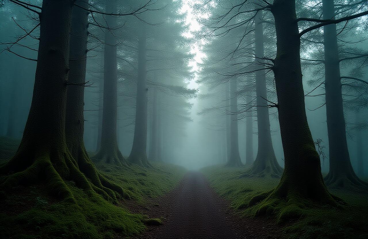 Misty green forest in the UK highlands