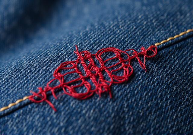 Close up of needlework on denim