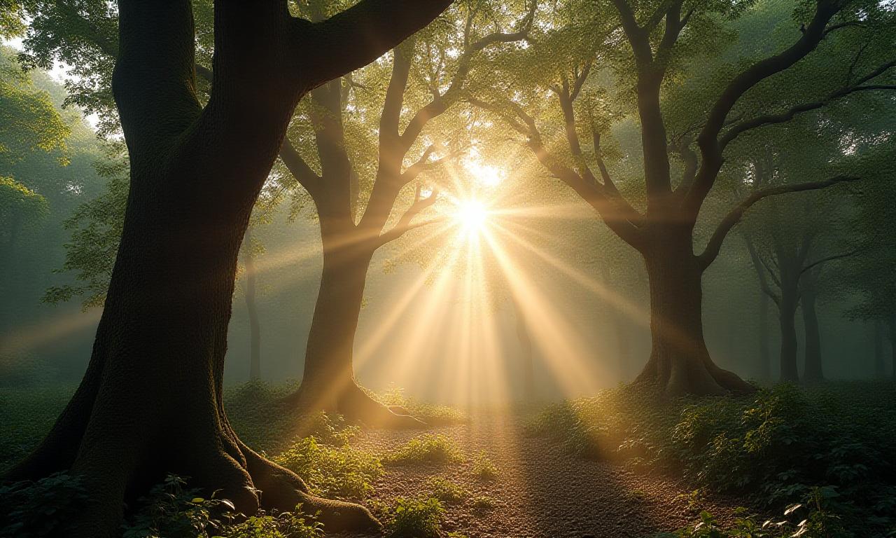 Lush UK forest canopy with soft sunlight