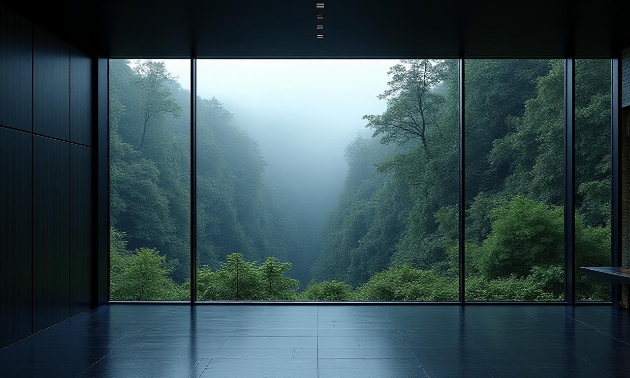 Lush forest view through a sustainable office window